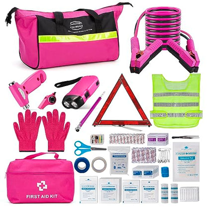 CALBEAU Roadside Emergency Car Kit for Vehicles, Pink Emergency Roadside Assistance kit with Car First Aid Kit, Thoughtful Car Emergency Kit for Women, Men, New Drivers and Adventurers Gifts