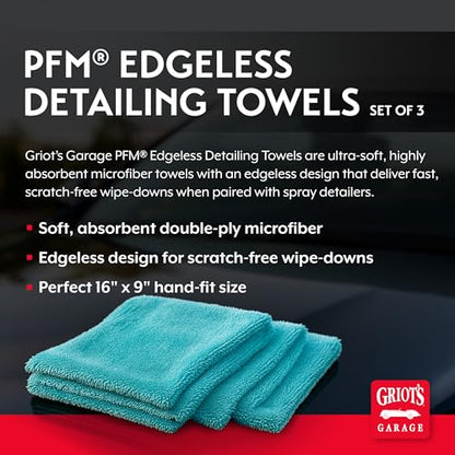 Griot's Garage PFM Edgeless Detailing Towels for Car Cleaning and Detailing, Scratch-Free, Machine-Washable, Small, 16” x 9”, Set of 3, 55527