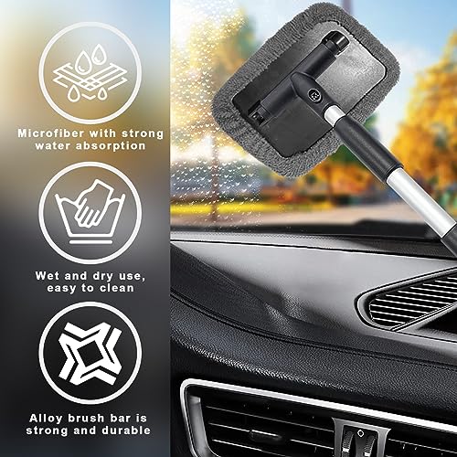 Ziciner Car Windshield Cleaner, Microfiber Auto Cleaning Wiper with Aluminum Extendable Handle and 2 Washable Reusable Cloth Pad Head, Universal Car Interior Exterior Cleaner Kit (Gray-Rectangle) - size: Gray-Rectangle
