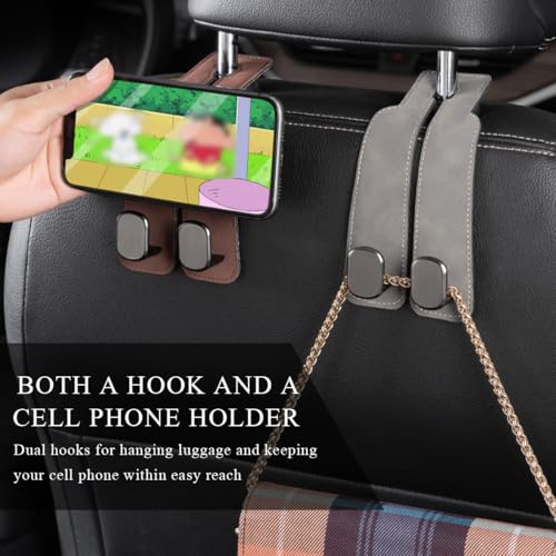2 PCS Car Seat Headrest Hook, Back Seat Hanger with Double Flexible Leather Hooks, Soft Leather Double Headrest Metal Hooks Purse Handbag Organizer, Car Accessories (Brown) - color: Brown