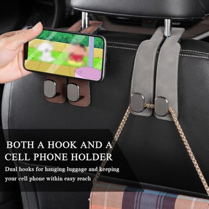 2 PCS Car Seat Headrest Hook, Back Seat Hanger with Double Flexible Leather Hooks, Soft Leather Double Headrest Metal Hooks Purse Handbag Organizer, Car Accessories (Black) - color: Black