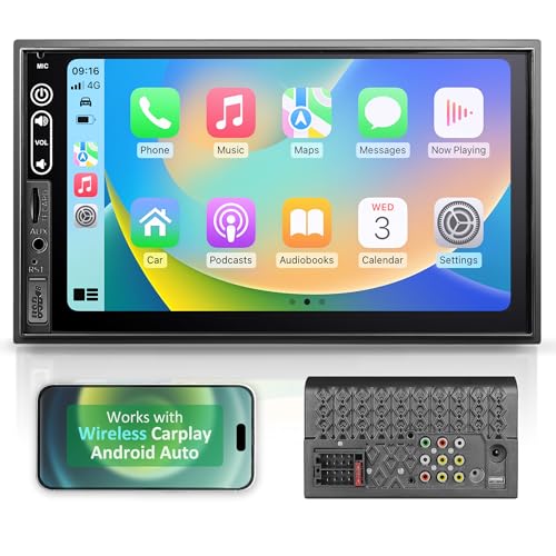 Double Din Car Stereo Compatible with Wireless Apple Carplay, Android Auto - 7" Touch Screen Car Audio Receiver with Bluetooth, AUX, FM Car Radio