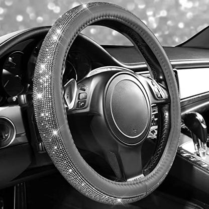 CAR PASS Bling Diamond Leather Steering Wheel Cover, with Bling Sparkly Crystal Glitter Rhinestones Universal Fit 14" 1/2-15" Car Wheel Protector for Women Girl Fit Suvs,Vans,Sedans,Cars,Trucks, Gray - color: Gray Diamond