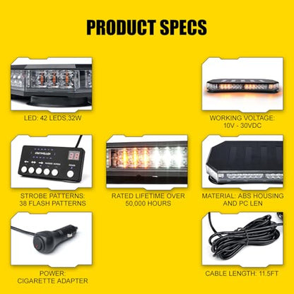 LUMENIX 42 LED Roof Top Strobe Beacon Light Bar Hazard Warning Emergency Flashing Plow Lights with Controller for Construction Vehicles Tow Trucks Postal Cars Snowplow Amber White (Patent Design) - color: White Amber
