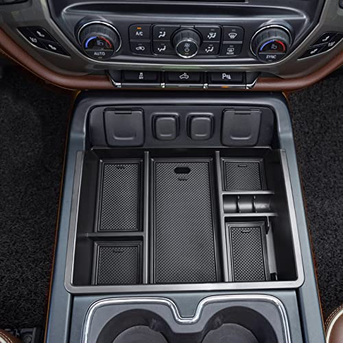 EDBETOS Center Console Organizer Tray Compatible with 2014-2018 Chevy Silverado/GMC Sierra 1500 Accessories 2015-2019 Silverado/Sierra 2500HD/3500HD Compartment Storage,Full Console w/Bucket Seat ONLY - color: Black Trim