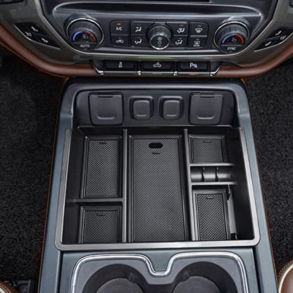 EDBETOS Center Console Organizer Tray Compatible with 2014-2018 Chevy Silverado/GMC Sierra 1500 Accessories 2015-2019 Silverado/Sierra 2500HD/3500HD Compartment Storage,Full Console w/Bucket Seat ONLY - color: Black Trim