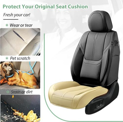 2 Pack Front Car Seat Cover Bottom Only Faux Leather, Anti-Slip Padded Seat Cushion, Full Wrap Seat Protector with Storage Function Fit 95% Cars, SUV, Pick-up Trucks (Beige) - color: Beige