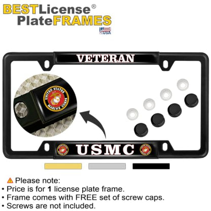 [Officially Licensed US Marine Corps Product] - USMC Veteran - Domed Custom-Made Personalized Narrow (Thin) Top 4 Hole Metal Car License Plate Frame with Free caps - Black Frame (Qty: 1) - color: Black - Style 1