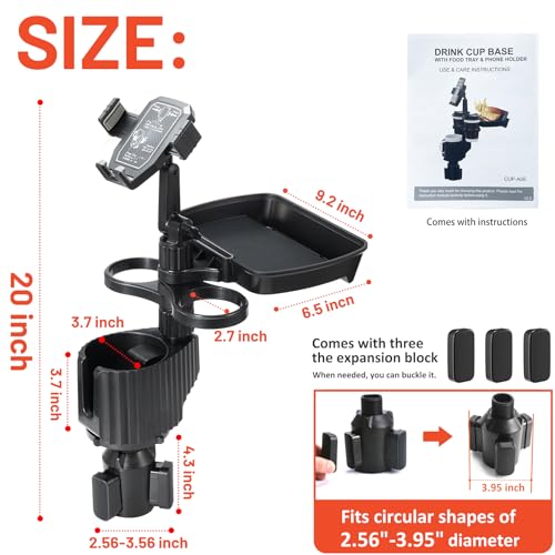 Car Large Cup Holder Expander, 5-in-1 Cupholder Extender with Phone Holder & Swivel and Detachable Snack Food Tray Table for Eating, Travel Essentials for Road Trips for Driver. Model C