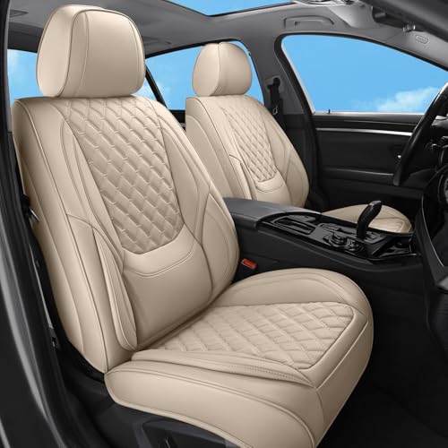 Car Seat Covers Full Set Beige, Luxury Faux Leather Car Seat Covers Waterproof Non-Slip Seat Protector Universal Fit for Most Cars SUVs Trucks Pick-ups,Car Accessories for Front Seats and Back - color: Beige-Full Set