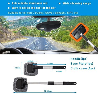 Ziciner Car Windshield Cleaner, Microfiber Auto Cleaning Wiper with Aluminum Extendable Handle and 2 Washable Reusable Cloth Pad Head, Vehicle Interior Exterior Cleaner Kit (Orange-Rectangle) - size: Orange-rectangle