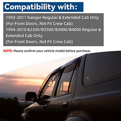 Set of 2 in Channel Front Doors Smoke Sun/Rain Guard Wind Deflector Tape-On Acrylic Window Visors Compatible with 1993-2011 Ranger 1994-2010 B2300/B2500/B3000/B4000 Regular & Extended Cab - size: for 1993-2011 Ford Ranger / Mazda