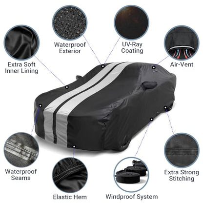 iCarCover Premium Plus Car Cover Waterproof All Weather Rain Snow UV Sun Protection, Mustang, Camaro, XK, 4-Series, 4 Series, M4, Supra, Thunderbird, Size C10 (See Size Chart), Stripe - Black/Gray - color: Sedan & Coupe - Black/Gray, size: C10 for Sedan &