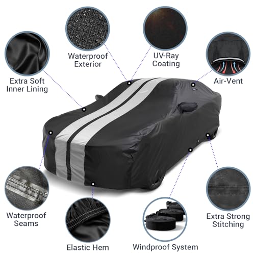 iCarCover Premium Heavy Duty Car Cover - Waterproof All Weather Rain Snow UV Protection, Camaro, Trans AM, XJS, GranTurismo, LXS SC, Firebird, Size C14 (See Size Chart), Stripe - Black/Gray - color: Sedan & Coupe - Black/Gray, size: C14 for Sedan & Coupe