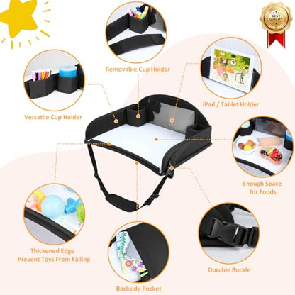 Kids Travel Tray for Toddler Carseat, Road Trip Activities Essentials for Toddler, Kids Lap Desk Tray with Tablet Holder Stand ＆ Dry Erase Board (Black) - color: Black