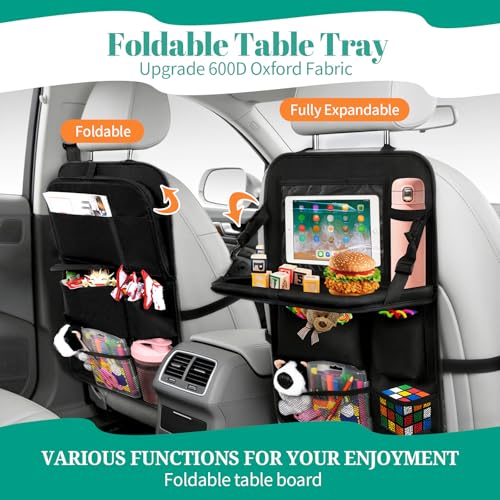 2 Pack Backseat Car Organizer with Touch Screen Tablet Holder, Upgraded Car Seat Organizer with Tray, 9 Storage Pockets with Foldable Food Tray, Protector Kick Mats for Kids, Travel Accessories-Black