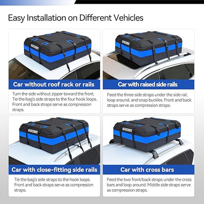 MARCHWAY Waterproof Car Roof Luggage Bag, Weatherproof Soft Shell Rooftop Cargo Carrier Bag for Vehicles with or Without Rack. 6 Door Hooks, Anti Slip Mat, Lock Included (21 Cubic Feet, Blue) - size: 21 Cubic Feet, Blue