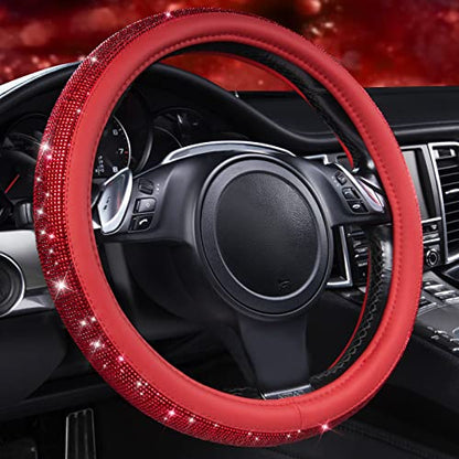 CAR PASS Bling Diamond Leather Steering Wheel Cover, with Bling Sparkly Crystal Glitter Rhinestones Universal Fit 14" 1/2-15" Car Wheel Protect for Women Girl Fit Suvs,Vans,Sedans,Cars,Trucks, Red - color: Red Diamond on Velvet