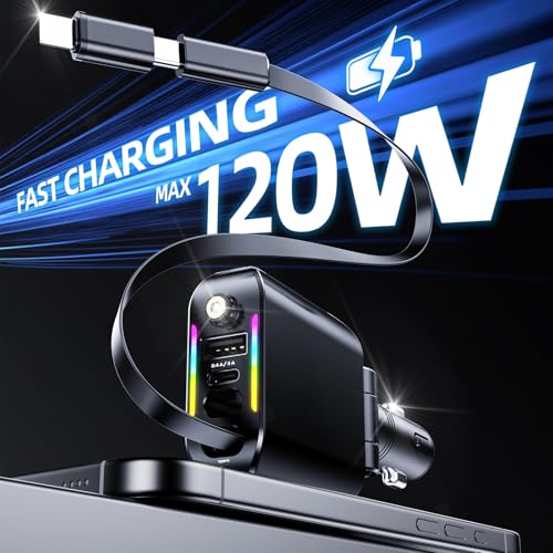 [2026 Ultra-Slim, 75% Less Space] Retractable Car Charger with Starlight, Max 120W USB C Car Charger Adapter, Cars Phone Chargers Fast Charging, Car Chargers for iPhone 17 16 Pro Max Plus and Android - color: black gold