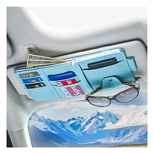 Car Sun Visor Organizer, Leather Storage Pocket Sun Visor Pouch with Zipper for Cards License Registration Pen Glasses Document, Fits Most Car SUV, Auto Interior Accessories for Men Women (Blue) - color: Blue