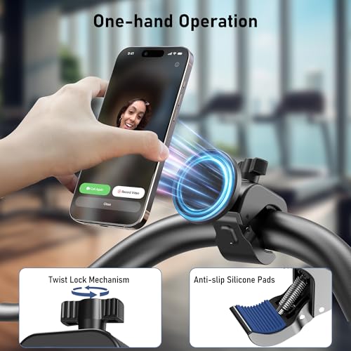 Magnetic Phone Holder Clamp Mount – 20 x N52 Strong Magnet Mount for Gym, Spin Bike (Fits Peloton), Treadmill, Stroller, Golf Cart, Shopping Cart – Compatible with Mag-Safe iPhone 12-17 Series