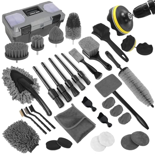 Car Detailing Kit, Car Detailing Brush Set, Car Cleaning Kit, Auto Detailing Tools for Interior Exterior Wheels, Professional Car Wash Accessories with Windshield Cleaning Tool and Storage Box(Grey) - color: Grey