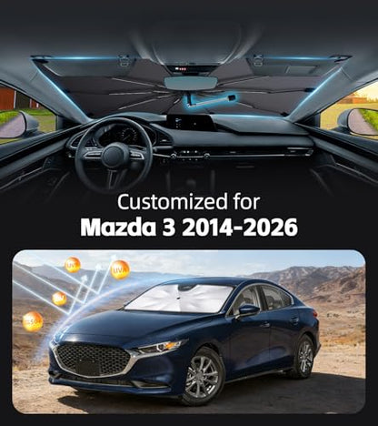 Windshield Sun Shade for Mazda 3 2014-2026 with 360° Rotating Shaft, Custom Fit Umbrella Sunshade for UV Blocking, Interior Heat Protection, Easy Storage - size: Fit for Mazda 3 2014-2026