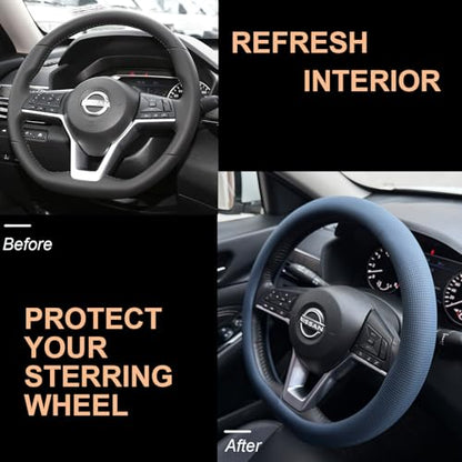 PINCTROT D Shaped Nappa Leather Steering Wheel Cover, Slim Fit No Bulk Design, One Piece Leather with Breathable Perforation, Fit Like Gloves, Flat Bottom 14.5-15 Inch(Nappa Smoky Blue) - color: 03.Smoky Blue, size: D Shaped/Flat Bottom[14 1/2''-15'']