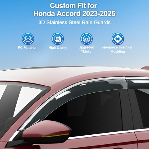 Sze Rain Guards for Honda Accord 2023-2026 LX EX-L Sport Touring Side Window Deflectors Anti-Rain Window Visors with Tape 304 Stainless Steel Trim All-Weather Protection Outside Channel-4pcs - style: Honda Accord 2023-2025