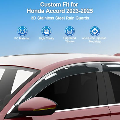 Sze Rain Guards for Honda Accord 2023-2026 LX EX-L Sport Touring Side Window Deflectors Anti-Rain Window Visors with Tape 304 Stainless Steel Trim All-Weather Protection Outside Channel-4pcs - style: Honda Accord 2023-2025