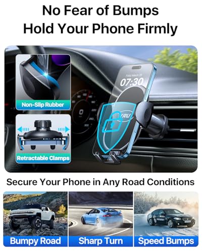 YRU Phone Holders for Your Car [2026 Upgraded Military Metal Hook], Cellphone Holder Car[No Fear of Bumps] Vent Phone Mount Truck Compatible with iPhone17 16 15 14 13 12 Samsung Android, Black - color: Black