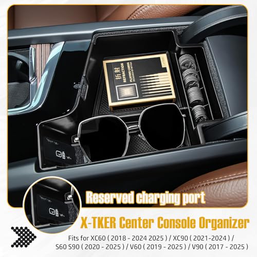 Center Console Organizer Compatible with Volvo XC60 2018-2025/ XC90 2021-2024/ S90 S60 2020-2025/ V60 2019-2025/ V90 2017-2025 Accessories, Armrest Box Insert Tray Storage Box Charging Hole