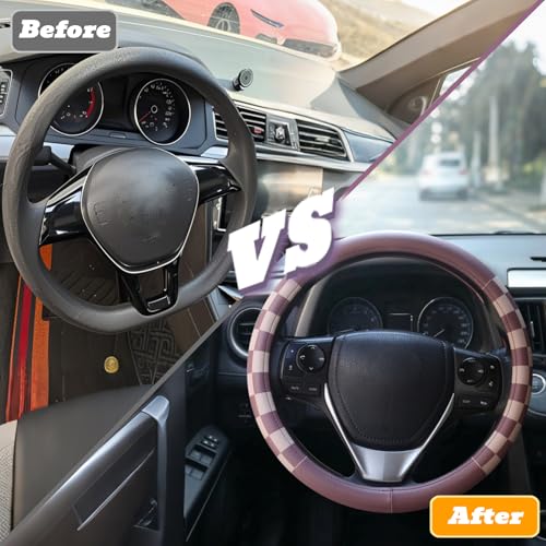 Women Checkered Steering Wheel Cover,Breathable Non-Slip PU Leather Universal 15 Inch Steering Wheel Protector,Fashion Checkerboard Car Interior Car Accessories SUV Truck Men - color: Brown