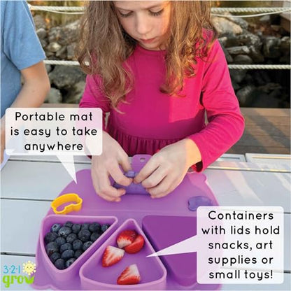 Silicone On-The-Go Snack Mat – Foldable Reusable Placemat with 3 Compartments and Lids – Travel-Friendly Baby and Toddler Snack Plate – Dishwasher Safe (Pebble) - color: Pebble