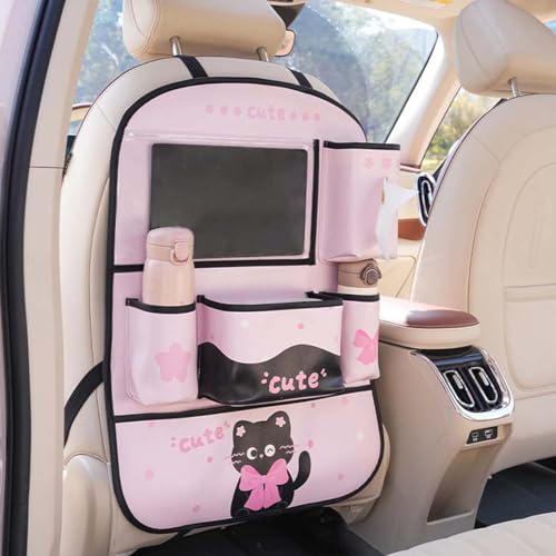 YUNZLAN Pink Black Backseat Car Organizer, Leather Kick Mats Back Seat Protector Organizer with Touch Screen Tablet Holder for Kids Travel Accessories - color: Pink Black Rim