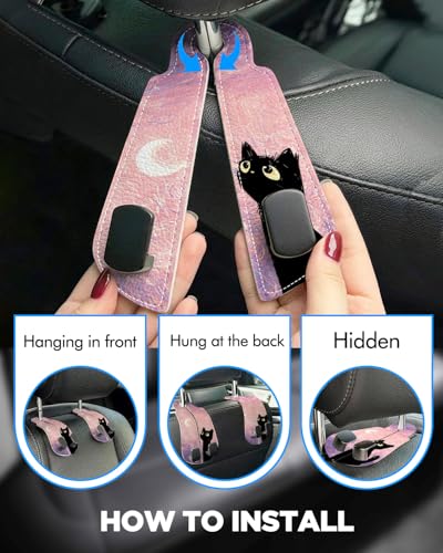WOCOCN 2 Pack Car Purse Hook for Car Seat Headrest, Double-Sided PrintingPU Leather Purse Holder with Metal Hook, Cute Car Accessories for Women, Men (Car hook - Pink Starry Sky Cat) - color: Car hook - Pink Starry Sky Cat