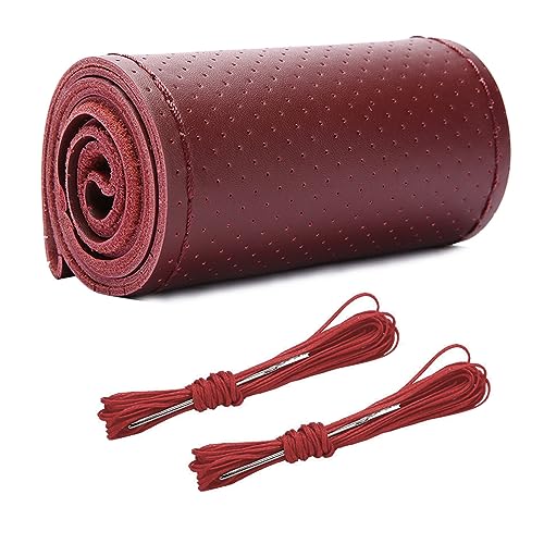 Wevdn Genuine Leather Steering Wheel Cover, Stitch on Wrap, DIY Sewing Steering Wheel Protector, 15 Inch Breathable Non-Slip Steering Wheel Protector, Car Accessories (Wine Red, Full Hole) - color: Wine Red, size: Full Hole