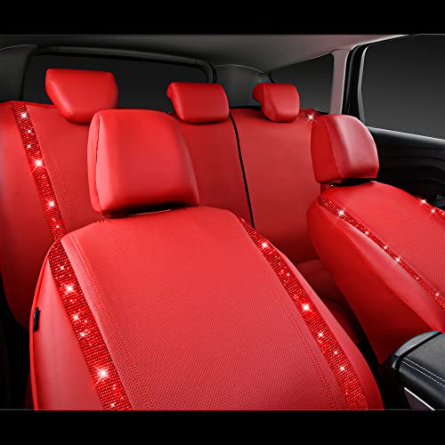 CAR PASS Bling Diamond Car Seat Covers Full Set, Shining Rhinestone Waterproof Faux Leather, Rear with Zipper, Universal Fit Automotive Glitter Crystal Sparkle Strips for Cute Women Girl, Red - color: Red Leather, size: Full Set
