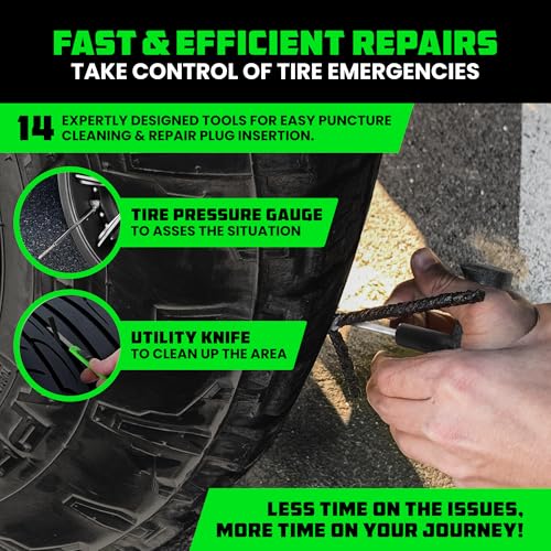 Rhino USA Compact Tire Repair Kit (14-Piece) – Heavy Duty Plug Set with Included Lubricant to Fix Punctures and Seal Flats – Tubeless Tool for Car, Motorcycle, ATV, UTV, RV & Trailer - size: 14 Piece Set