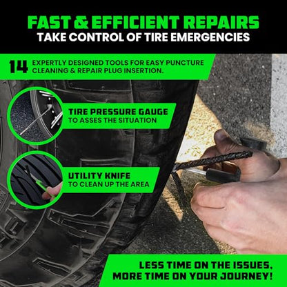 Rhino USA Compact Tire Repair Kit (14-Piece) – Heavy Duty Plug Set with Included Lubricant to Fix Punctures and Seal Flats – Tubeless Tool for Car, Motorcycle, ATV, UTV, RV & Trailer - size: 14 Piece Set
