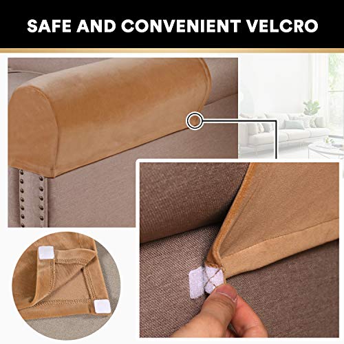 PrinceDeco 4 Pack Thick Velvet Stretch Armrest Covers for Chairs and Sofas - Non Slip, Camel - color: Camel