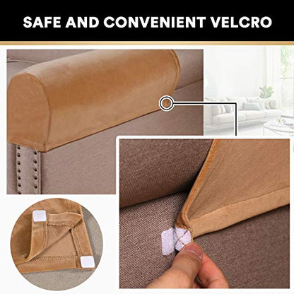 PrinceDeco 4 Pack Thick Velvet Stretch Armrest Covers for Chairs and Sofas - Non Slip, Camel - color: Camel