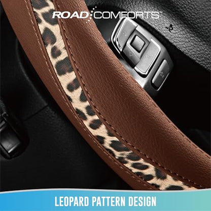 Road Comforts Steering Wheel Cover - Made with PVC Leather and Leopard Fabric - Universal 14 1/2 inches to 15 inches for Most Automotive Steering Wheel - Cheetah Print - Brown - color: Round-Brown
