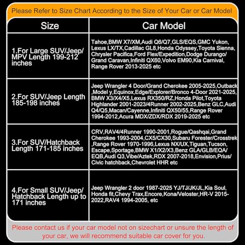 Full Enclosed SUV Car Cover Universal Fit Wrangler 4 Door/Grand Cherokee,Outback,BMW X5,Lexus RX350,Model y,Equinox,Edge,4Runner/Highlander,Pilot,Audi Q5,Infiniti QX50/55/70,Macan/Cayenne,MDX - size: 8.For SUV/Jeep Length 185-198 inches