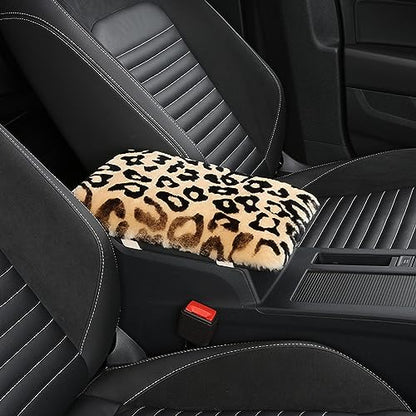 Genuine Sheepskin Center Console Cover Pad Genuine Furry Fluffy Wool Fur Car Armrest Cover Protector Universal Fit for SUV/Truck/Car - color: Shearling-Beige Leapord