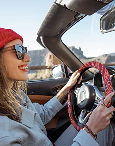 SEG Direct Boho Steering Wheel Cover with Baja Blanket Cloth, Ethnic Style Auto Wheel Cover Made of Coarse Flax, Fits 14 1/2-15 1/4 inches Car Wheel - color: Rosy Clouds