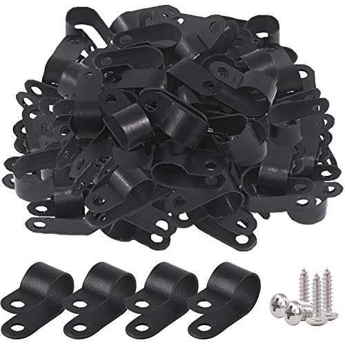 Glarks 120Pcs 1/2 Inch Black Nylon Screw Mounting R-Type Cable Clip Wire Clamp with 120Pcs Screws for Wire, Cable, Conduit and Cable Conduit Kit (Black) - size: 1/2''(13mm)