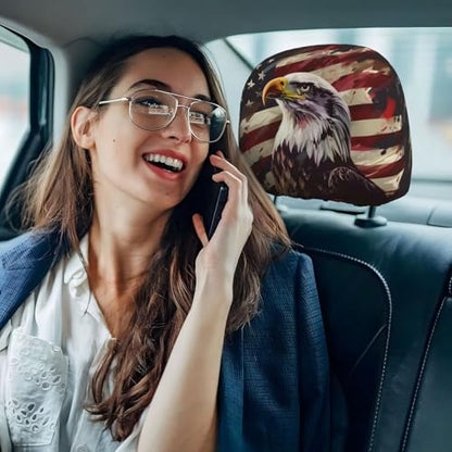 2PCS Car Headrest Cover American Flag Vehicle Head Rest Protector USA Flags Universal Cars Interior Accessories Patriot Star Stripe Red Head Rest Wrap Protection - color: Flags and Eagle