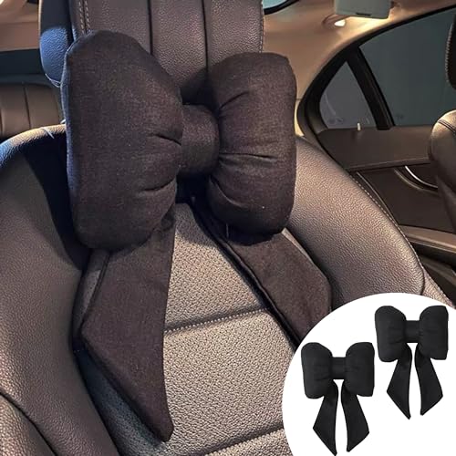 2PCS Chic Car Headrests with Bow-Shaped Cotton Linen Bowknot Neck Pillows for Cozy Road Trip & Cute Interior Decoration (Black) - color: Black