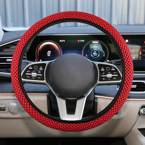 Elastic Stretch Steering Wheel Cover, Anti-Slip 15 inch Microfiber Odorless Breathable Ice Silk Car Steering Wheel Protector, Easy Carry, Warm in Winter & Cool in Summer (Red) - color: Red